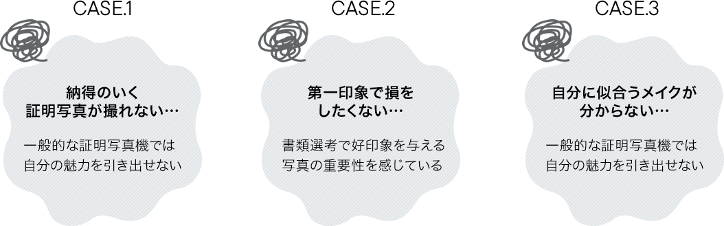 CASE1 納得のいく証明写真が撮れない…一般的な証明写真機では自分の魅力を引き出せない
CASE2 第一印象で損をしたくない…書類選考で好印象を与える写真の重要性を感じている
CASE3 自分に似合うメイクが分からない…一般的な証明写真機では自分の魅力を引き出せない